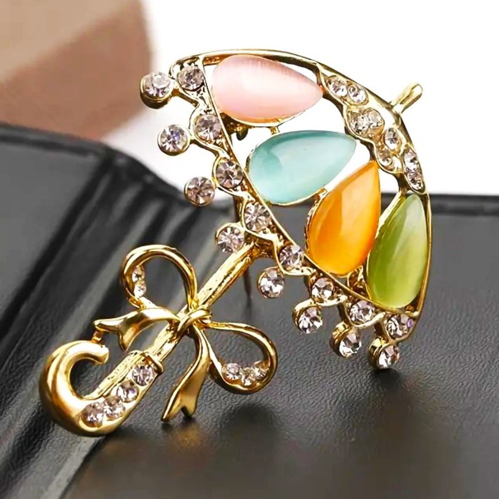 Brooch Umbrella Rhinestone Stunning Pin Stylish Colorful Stones Gold Unique Glam